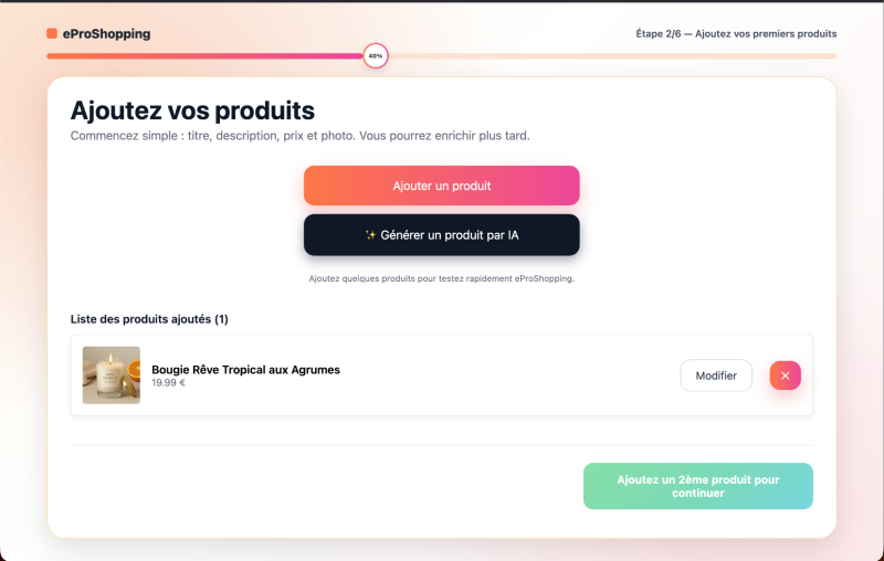 Étape 02 — Ajoutez vos produits : capture d'écran de l'assistant de création eProShopping